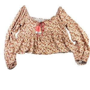 Arula Womens 2X Peach‎ Floral Smocked Back Crop Top Metallic Balloon Sleeve Boho